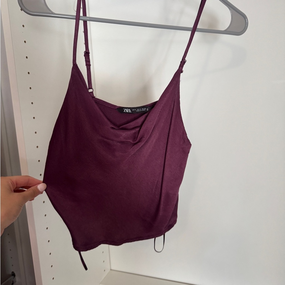 Zara Women's Purple Satin Cowl Neck Top